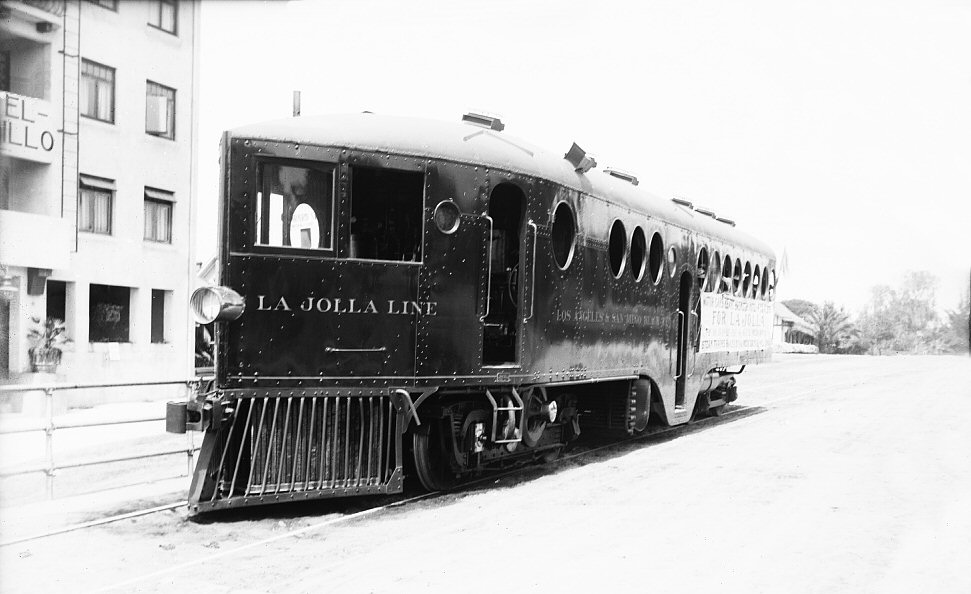 McKeen Motor Car on the Los Angeles San Diego and Beach Railway next to the Hotel Cabrillo  